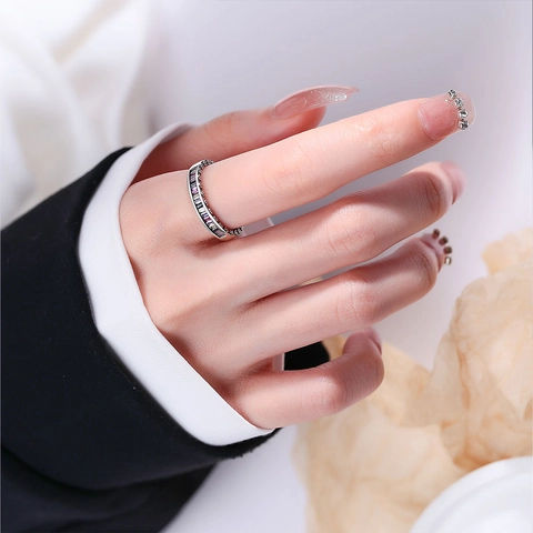 Vintage 925 Sterling Silver Rainbow Zirconia Ring For Women Retro Thai Silver Cross Floral Engraved Adjustable Open Ring Fine Jewelry