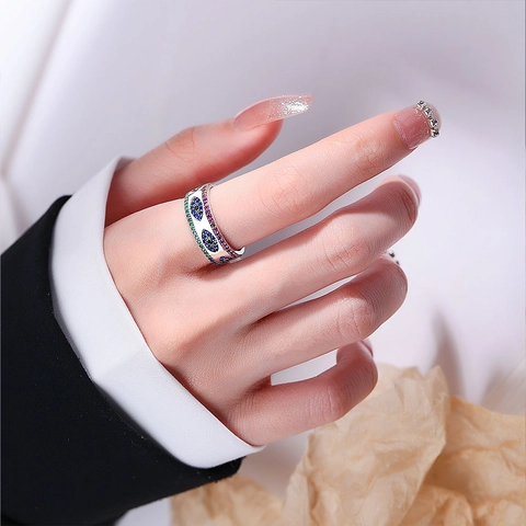 Bague Mauvais Œil en Argent Sterling 925 Vintage pour Femme Avec Zircone Colorée Incrustée Style Bohémien Bague Ajustable Bijoux