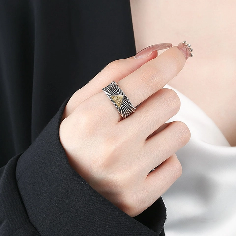 Vintage 925 Sterling Silver All-Seeing Eye Open Ring Gold Triangle Mystic Gothic Thai Silver Adjustable For Men Women Jewelry