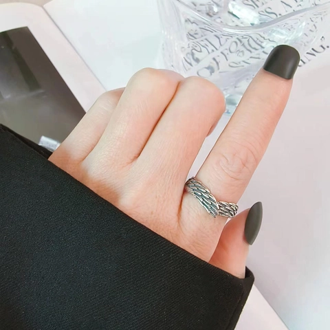 Vintage 925 Sterling Silver Feather Angel Wing Open Ring For Men Women Couple Thai Silver Adjustable Finger Jewelry Gift