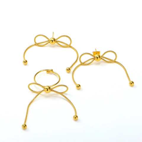 Titanium Steel Bowknot Snake Bone Chain Tassel Earrings And Adjustable Ring Jewelry Collection For Women Elegant Polished Beads Design