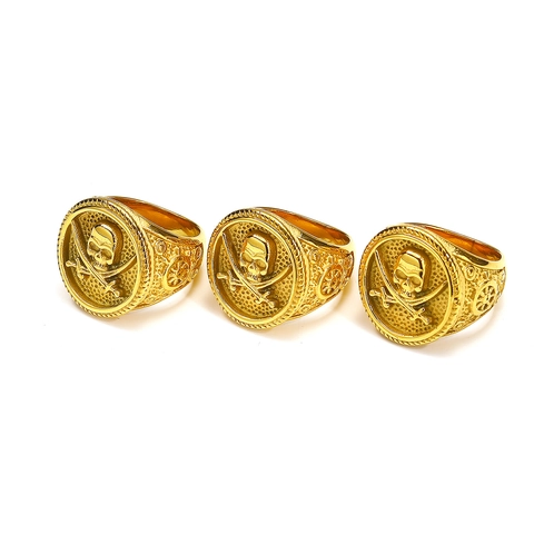 Vintage Punk Pirate Theme Skull Cross Swords Signet Ring Stainless Steel Electroplated Gold Band Rudder Jewelry For Men Women