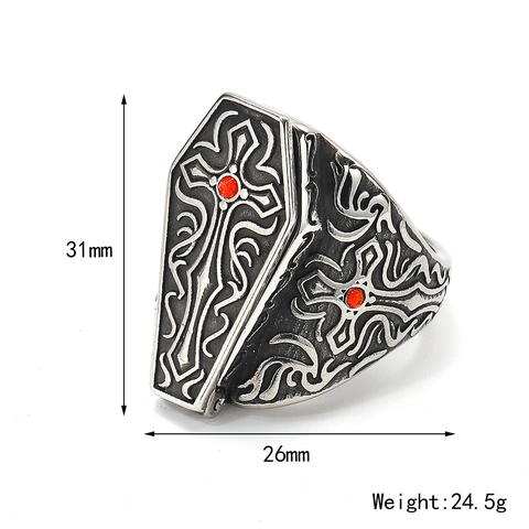 Gothic Coffin Cross Ring For Men Titanium Steel Punk Hip Hop Vintage Openable Lid Jewelry With Red Rhinestone Ring