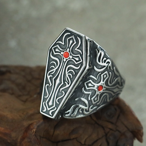 Gothic Coffin Cross Ring For Men Titanium Steel Punk Hip Hop Vintage Openable Lid Jewelry With Red Rhinestone Ring