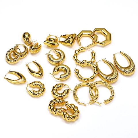 Vintage Geometric Titanium Steel Hoop Earrings For Women Gold Plated Thick Minimalist Croissant Bamboo Twist Style Jewelry Gift