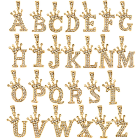 Colgante Letra Inicial Corona Para Mujer Cobre Circonita Joyería De Moda Accesorio DIY Solo Colgante Sin Cadena Dorado