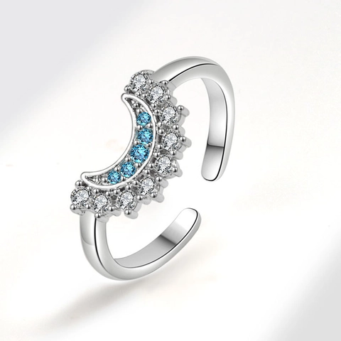 Elegant Celestial Sun And Moon Open Rings Set Zinc Alloy Rhinestone Blue Stone Adjustable Stackable Rings For Women Girls Jewelry Gift