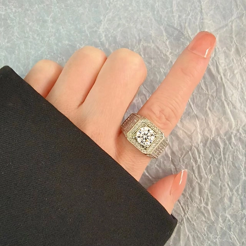 Bague Carrée de Luxe pour Homme en Argent Sterling 925 Avec Zirconia Cubique Incrusté Grosse Bague en Zircon Rond Cadeau Bijoux Mariage Fête