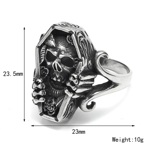 Retro Gothic Coffin Skull Ring For Men Distressed Titanium Steel Punk Skeleton Skeleton Hands Biker Band Ring Jewelry Gift