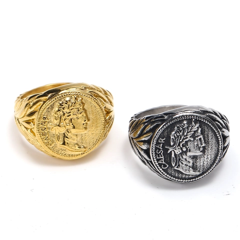 Roman Empire Julius Caesar Coin Signet Ring Vintage Titanium Steel Punk Relief Portrait Finger Ring For Men Jewelry