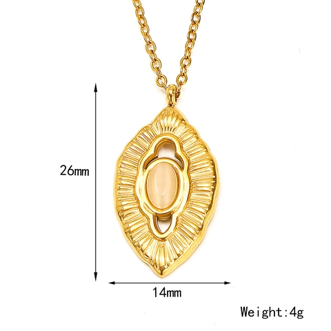 Vintage Stainless Steel Marquise Pendant Necklace For Women Gold Plated Sunburst Texture Cat Eye Stone Bohemian Jewelry