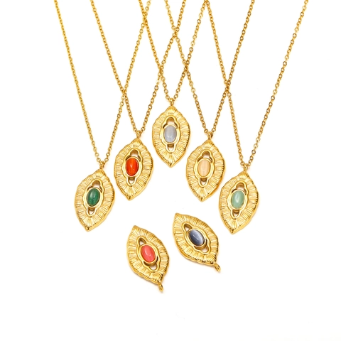 Vintage Stainless Steel Marquise Pendant Necklace For Women Gold Plated Sunburst Texture Cat Eye Stone Bohemian Jewelry