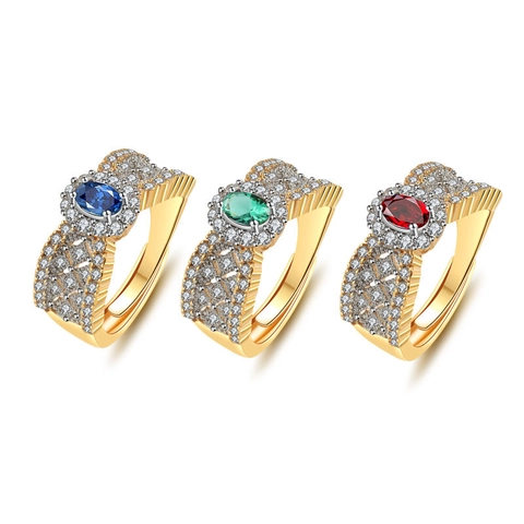925 Sterling Silver Italian Textured Gold Plated Lace Open Ring Oval Zirconia Emerald Ruby Sapphire Jewelry For Women