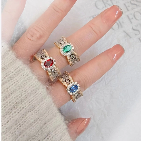 925 Sterling Silver Italian Textured Gold Plated Lace Open Ring Oval Zirconia Emerald Ruby Sapphire Jewelry For Women