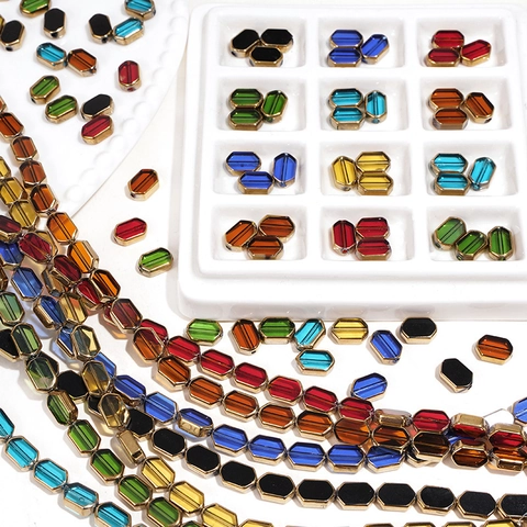 Rectangular Glass Beads With Gold Alloy Edge Faceted Octagon Crystal Loose Beads For DIY Jewelry Making Bracelet Accessories