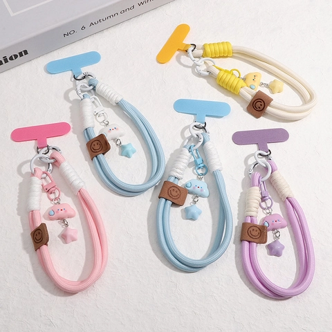 Cordon de Téléphone en Polyester Tressé Dragonne Avec Breloques Étoile Nuage en Résine Patch en Cuir Smiley pour Accessoire de Coque