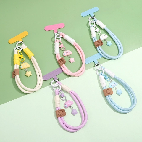 Cordon de Téléphone en Polyester Tressé Dragonne Avec Breloques Étoile Nuage en Résine Patch en Cuir Smiley pour Accessoire de Coque