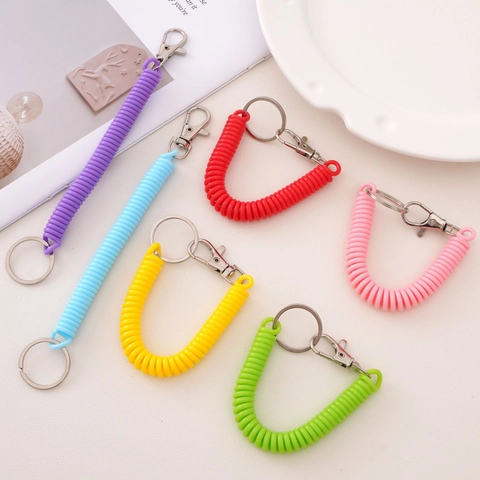 Colorful Plastic Elastic Spring Keychain Metal Clasp Key Ring Stretchable Retractable Anti-Lost Spiral Coil Rope For DIY Accessories