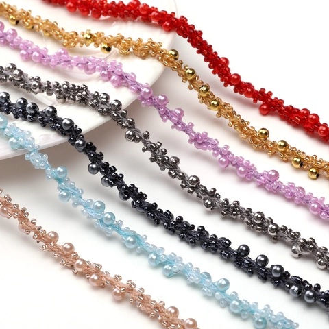 Handmade Braided Beaded Lace Trim With Artificial Pearl Glass Beads Polyester Cord Ribbon For DIY Sewing Craft Decoration