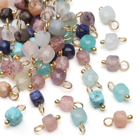 Vintage Faceted Cube Natural Stone Small Pendants Gold Plated Copper For DIY Handmade Bracelet Necklace Jewelry Making Finding