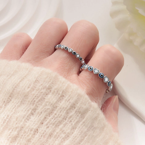 925 Sterling Silver Evil Eye Ring For Women Heart Shaped Zirconia Enamel Blue Eye Amulet Adjustable Band Ring Jewelry Gift