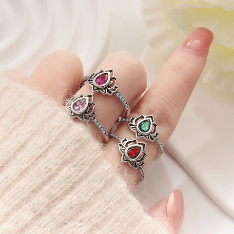S925 Sterling Silver Lotus Ring For Women Fashion Vintage Zirconia Water Drop Flower Finger Ring Party Jewelry Gift
