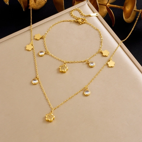 Collier Et Bracelet En Acier Inoxydable Plaqué Or Avec Cœur Et Fleur Pour Femme Bijoux De Mode Élégants Sertis De Zirconium