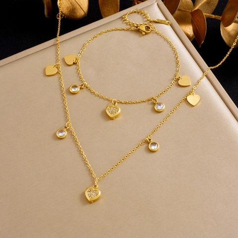 Collier Et Bracelet En Acier Inoxydable Plaqué Or Avec Cœur Et Fleur Pour Femme Bijoux De Mode Élégants Sertis De Zirconium