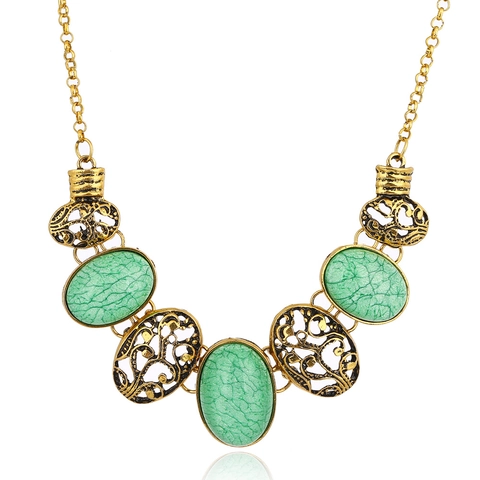 Collier Statement Vintage Boho en Alliage Ajouré pour Femmes Style Ethnique Pierres de Marbre en Résine Bijoux de Clavicule de Fête