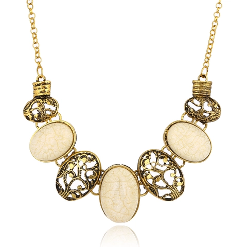 Collier Statement Vintage Boho en Alliage Ajouré pour Femmes Style Ethnique Pierres de Marbre en Résine Bijoux de Clavicule de Fête