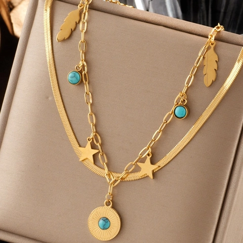 Collier Double Couche en Acier Titane Oeil Maléfique Turquoise pour Femmes Pendentif Rétro Plaqué Or Étoile Plume Bijoux Boho
