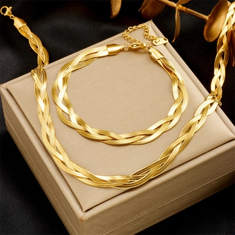 Fashion Stainless Steel Braided Snake Bone Chain Necklace Bracelet Jewelry Set For Women Gold Silver Tricolor Twisted Flat Chain Jewelry Gift