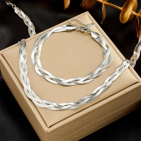 Fashion Stainless Steel Braided Snake Bone Chain Necklace Bracelet Jewelry Set For Women Gold Silver Tricolor Twisted Flat Chain Jewelry Gift