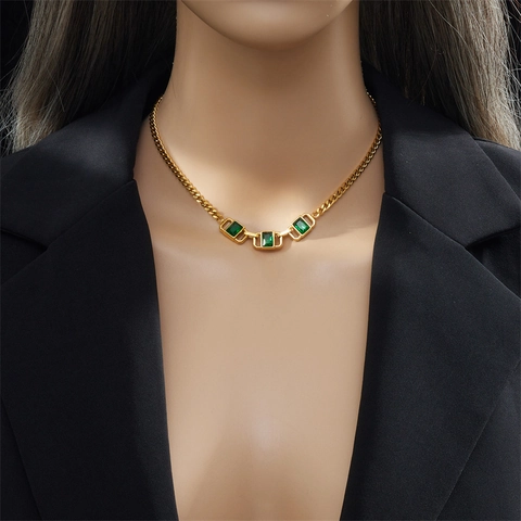 Vintage Emerald Green Rectangular Zirconia Stainless Steel Necklace Bracelet Earrings Bangle Jewelry For Women Gold Plated