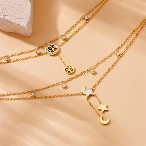 Doppelschichtige Fußkette Edelstahl Lebensbaum Stern Mond Schmetterling Zirkon Vergoldet Fußschmuck Für Damen