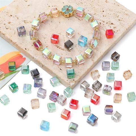 Square Glass Cube Beads Faceted Crystal Spacer Beads For DIY Jewelry Making Colorful Rainbow AB Coated Craft Beads Crafting Supply