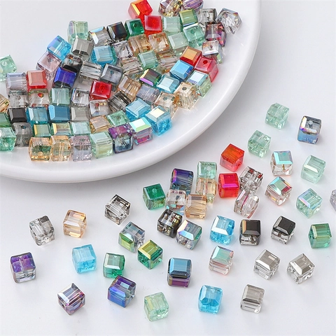 Square Glass Cube Beads Faceted Crystal Spacer Beads For DIY Jewelry Making Colorful Rainbow AB Coated Craft Beads Crafting Supply