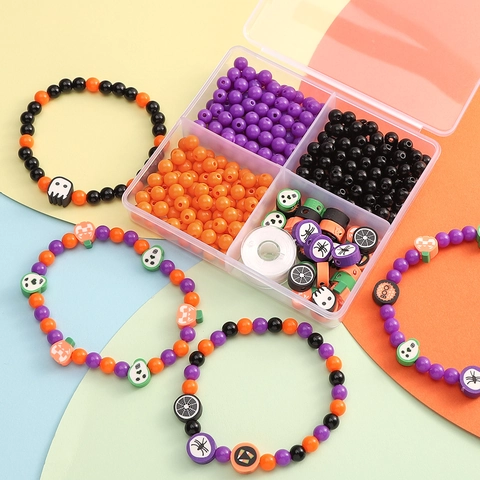 Kit de Cuentas Acrílicas de Halloween DIY Para Hacer Joyería Caja 4 Rejillas Cuentas Redondas Calabaza Araña Calavera Hilo Elástico