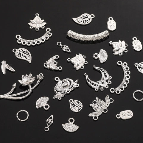 New Chinese Style Carved Alloy Pendants For DIY Jewelry Making Lotus Bamboo Fan Leaf Shape Silver Plated Metal Accessories