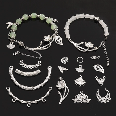 New Chinese Style Carved Alloy Pendants For DIY Jewelry Making Lotus Bamboo Fan Leaf Shape Silver Plated Metal Accessories