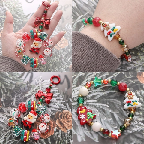 Perles en Verre Filé de Noël Faites à la Main Breloques en Émail Motifs Père Noël Sapin de Noël Bonhomme de Neige Pour Création de Bijoux Artisanat DIY Accessoires