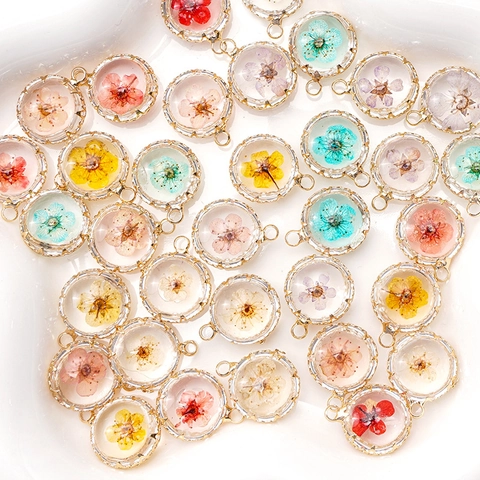 18K Gold Plated Copper Round Resin Charm Pendants With Real Dried Flowers Eternal Botanical For DIY Necklace Jewelry Making