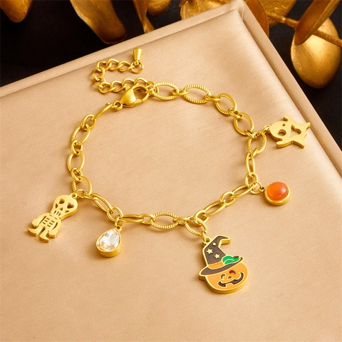 Bracciale Charm in Acciaio Inossidabile di Halloween per Donna Catena Oro Galvanica Scheletro Zucca Fantasma Smalto Gioielli
