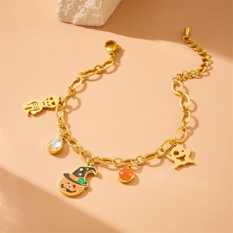 Bracciale Charm in Acciaio Inossidabile di Halloween per Donna Catena Oro Galvanica Scheletro Zucca Fantasma Smalto Gioielli