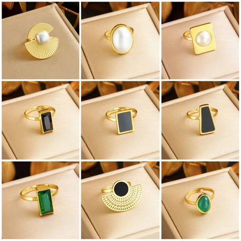 Vintage Stainless Steel Gold Plated Adjustable Open Ring For Women Minimalist Geometric Square Pearl Rhinestone Ring Jewelry