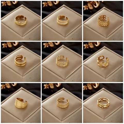 Vintage Stainless Steel Gold Plated Adjustable Open Ring For Women Minimalist Geometric Square Pearl Rhinestone Ring Jewelry