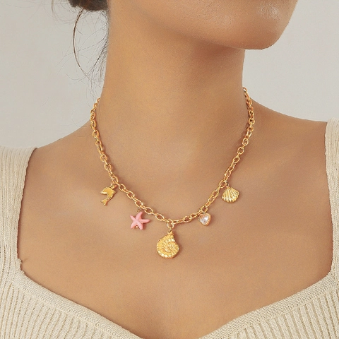 Stainless Steel Ocean Theme Chunky Necklace For Women Gold Plated Starfish Turtle Dolphin Conch Shell Heart Pendant Summer Beach Jewelry