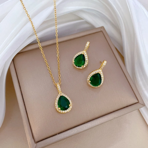 Emerald Green Waterdrop Zircon Necklace And Earrings Gold Plated Alloy Silver Earring Post Stainless Steel Chain Vintage Elegant