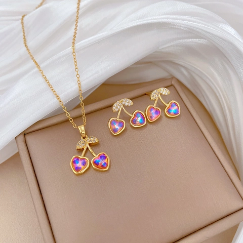 Edelstahl Herzform Aurora Stein Kirsche Anhänger Halskette Und Ohrstecker Set Strass Eingelegt Schmuck Für Damen
