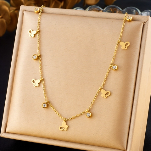 Minimalist Stainless Steel Rhinestone Pendant Necklace Gold Plated Butterfly Heart Star Music Note Evil Eye Tree Of Life Jewelry For Women